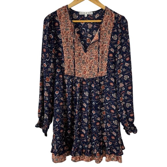 Allison & Kelly Tops - Allison & Kelly Floral Boho Mini Dress Tunic Lrg Navy Peach Cottagecore Prairie